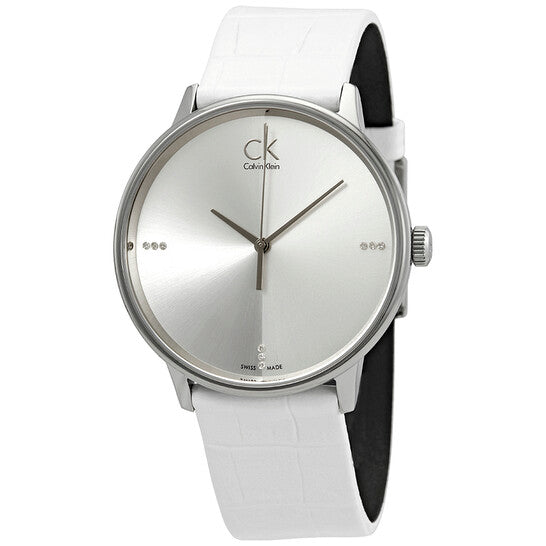 Calvin Klein Accent Silver Dial White Leather Strap Watch for Women - K2Y2Y1KW