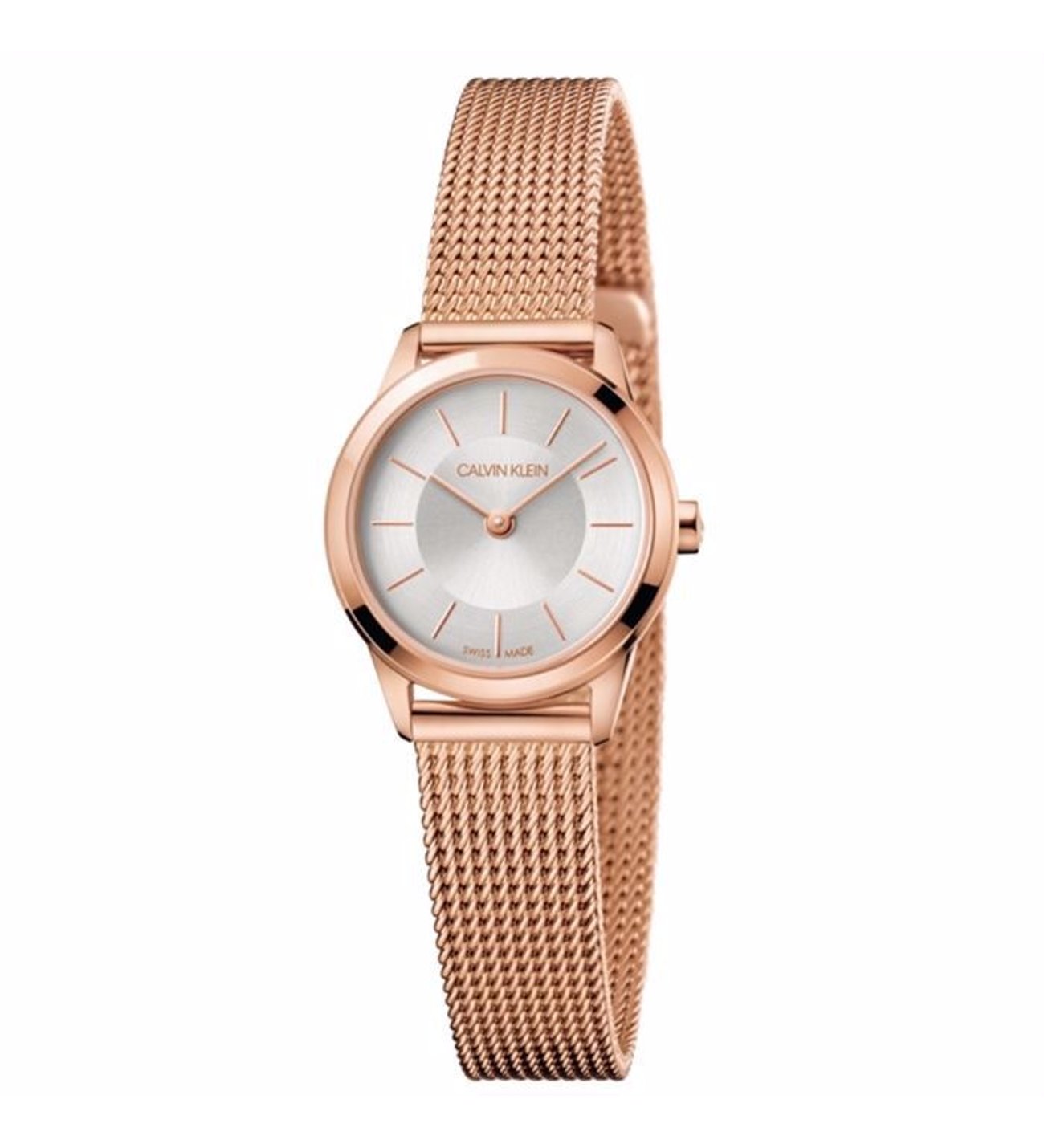 Calvin Klein Minimal White Dial Rose Gold Mesh Bracelet Watch for Women - K3M23626