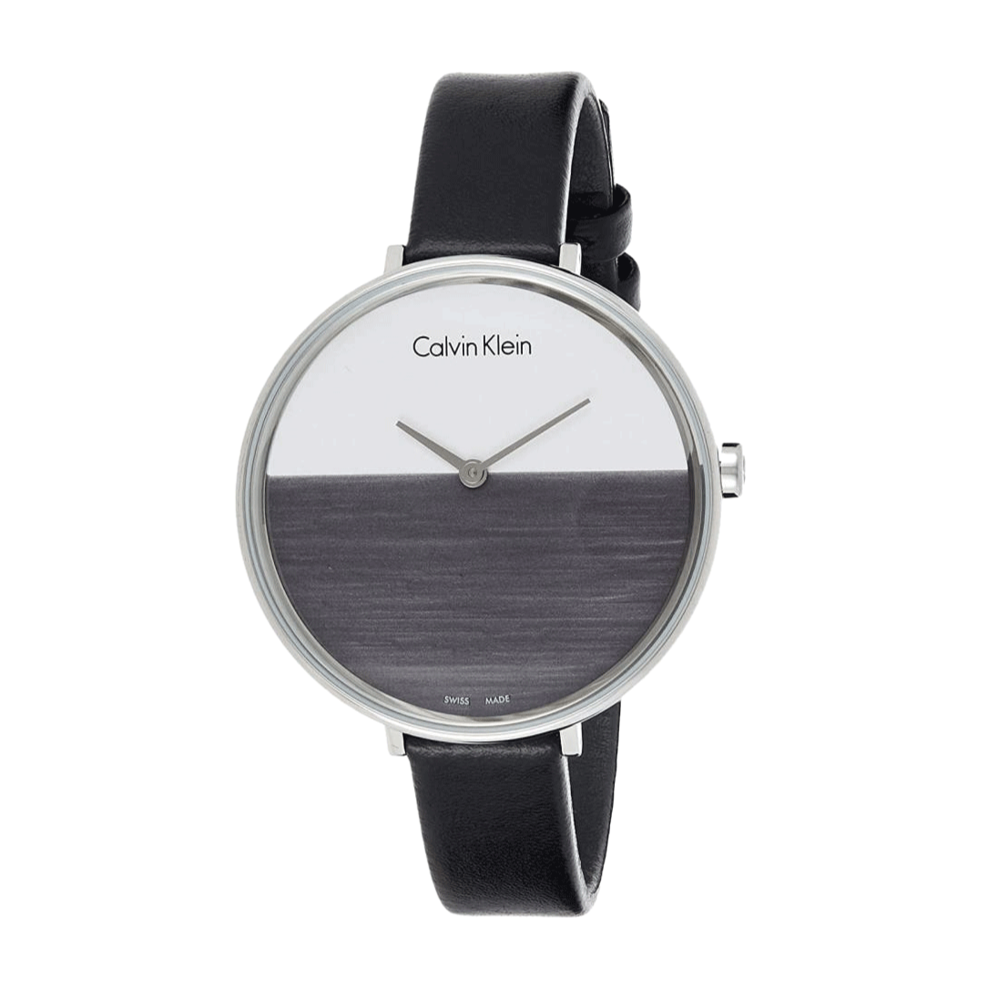 Calvin Klein Rise White Grey Dial Black Leather Strap Watch for Women - K7A231C3