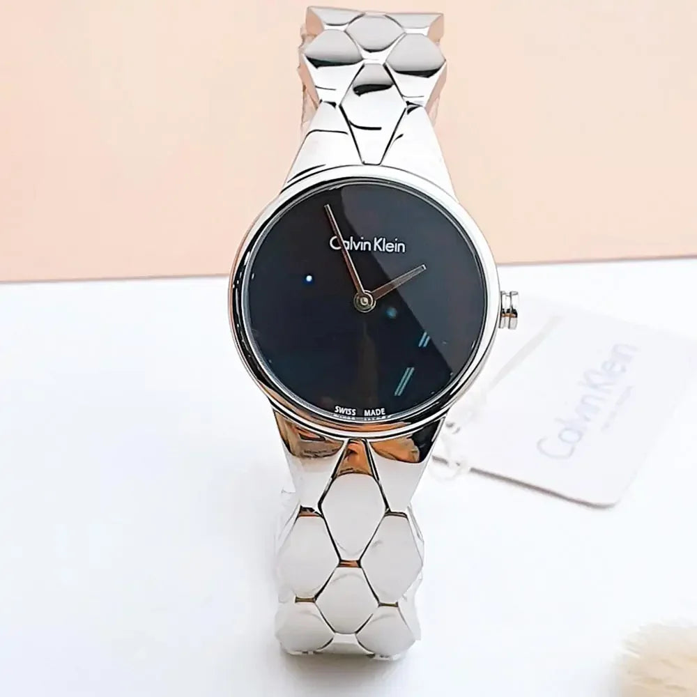 Calvin Klein Snake Black Dial Silver Steel Strap Watch For Women - K6E23141