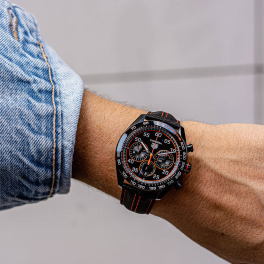 Tag Heuer Carrera Chronograph Porsche Orange Racing 44mm Black Dial Black Nylon Strap Watch for Men - CBN2A1M.FC6526
