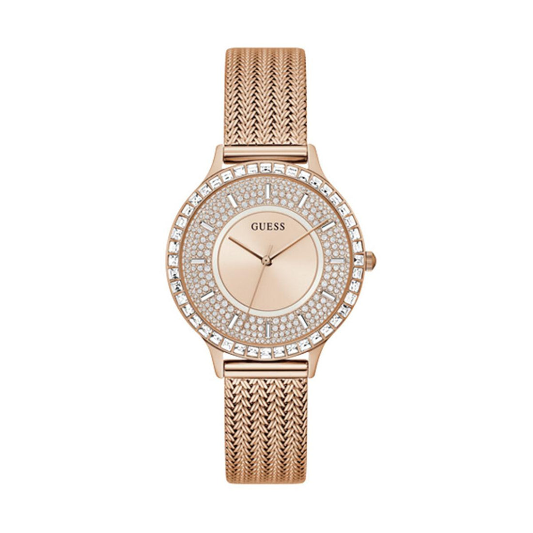 Guess Soiree Diamonds Rose Gold Dial Rose Gold Mesh Bracelet Watch for Women - GW0402L3