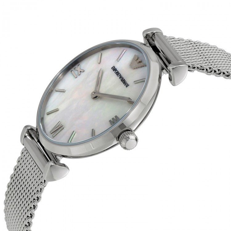 Emporio Armani Gianni T Bar Mother of Pearl Dial Silver Steel Strap Watch For Women - AR1955
