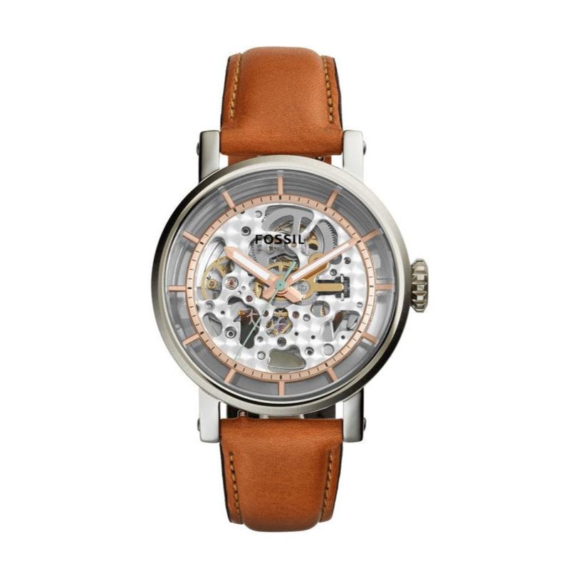Fossil Boyfriend Automatic Skeleton Silver Dial Brown Leather Strap Watch for Women - ME3109