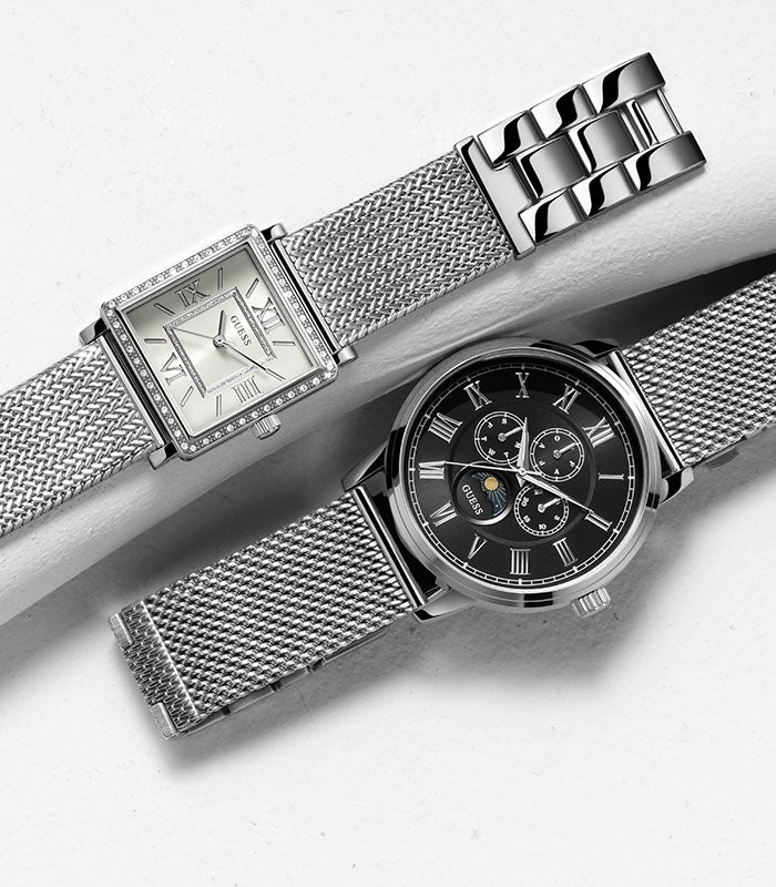 Guess Delancey Black Dial Silver Mesh Bracelet Watch for Men - W0871G1