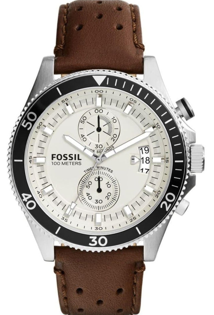 Fossil Wakefield Chronograph White Dial Brown Leather Strap Watch for Men - CH2943