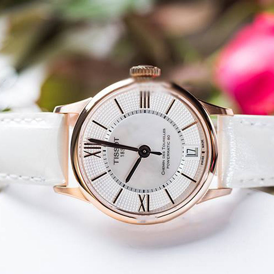 Tissot Chemin Des Tourelles Powermatic 80 Lady Silver Dial White Leather Strap Watch For Women - T099.207.36.118.00