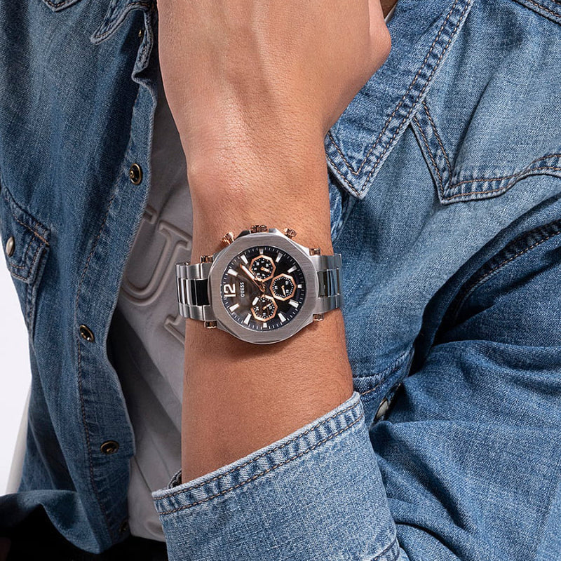 Guess Edge Chronograph Black Dial Silver Steel Strap Watch For Men - GW0539G1