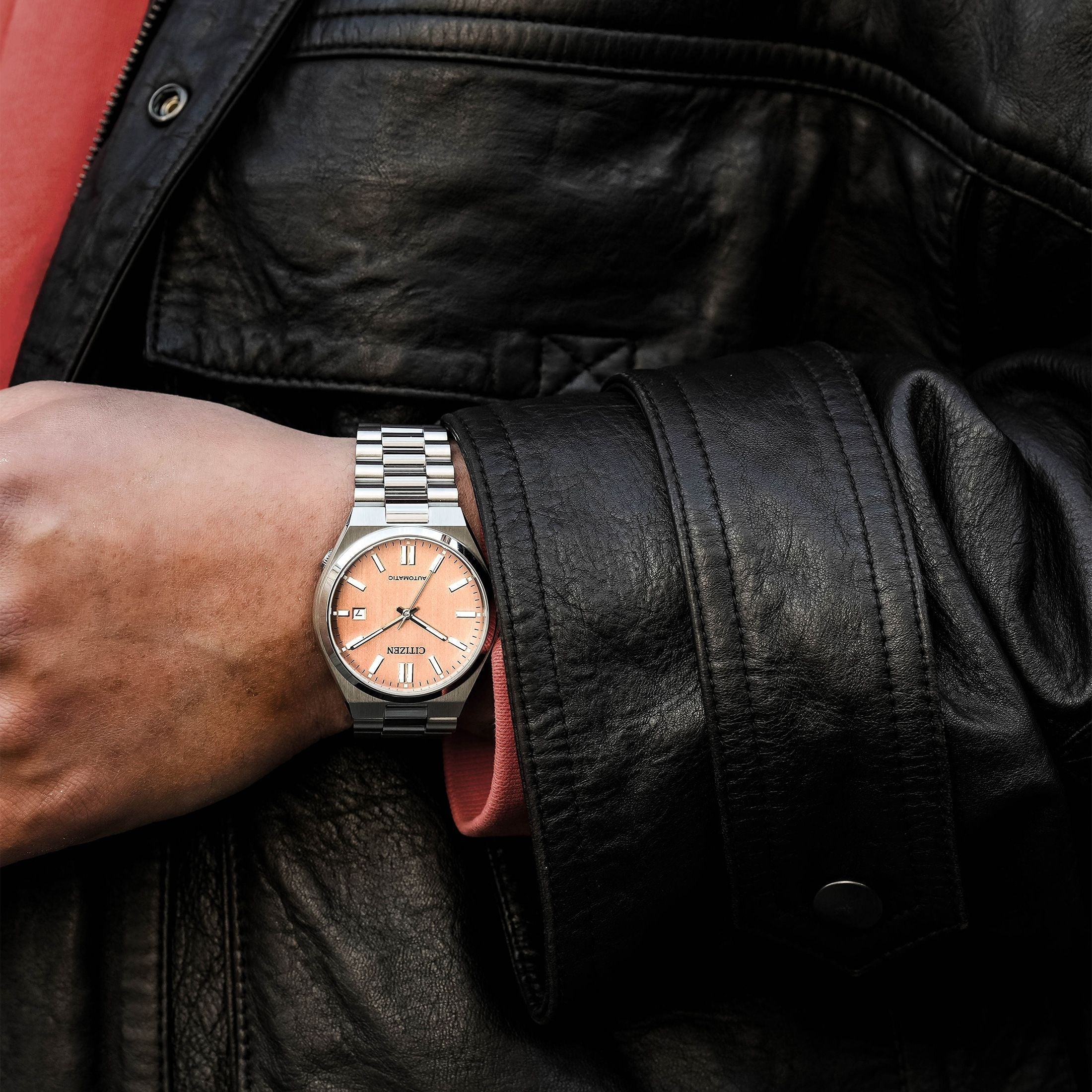 Citizen Tsuyosa Automatic Salmon Orange Dial Silver Steel Strap Watch For Men - NJ0159-86Z