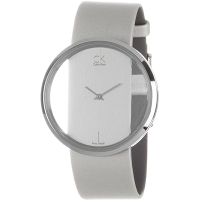 Calvin Klein Glam Transparent Silver Dial Grey Leather Strap Watch for Women - K9423193