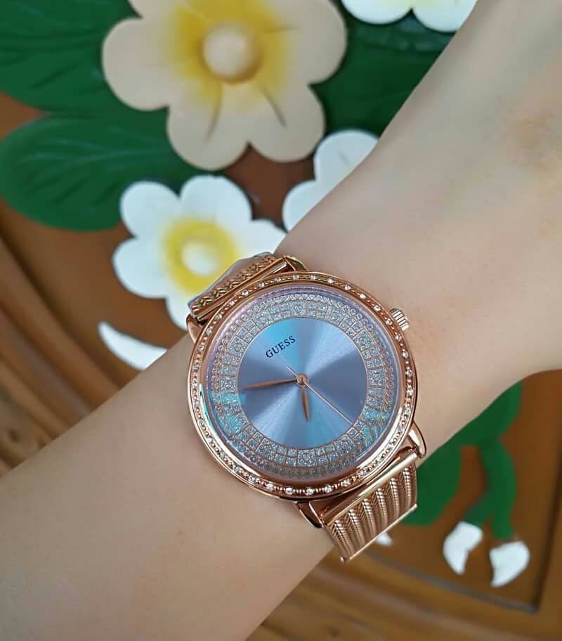 Guess Willow Crystal Blue Dial Rose Gold Mesh Bracelet Watch For Women - W0836L1