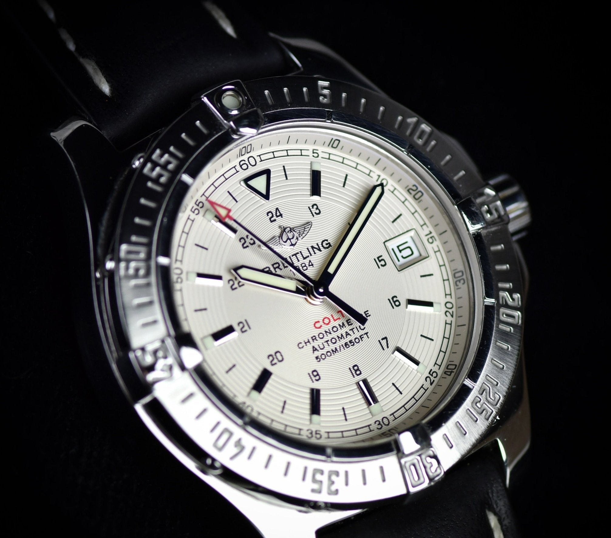 Breitling Colt 44mm Automatic Silver Dial Black Leather Mens Watch - A1731311/G820/428X