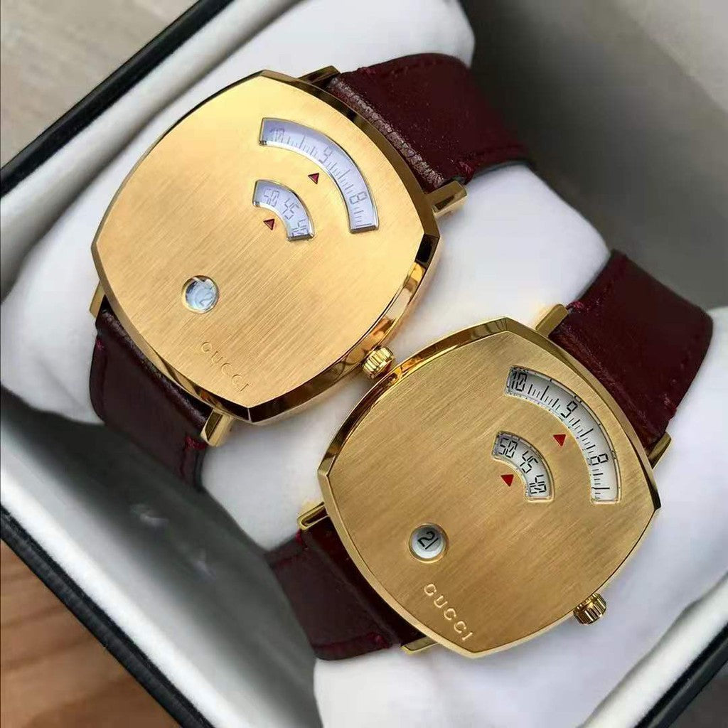 Gucci Grip Quartz Gold Dial Maroon Leather Strap Watch For Women - YA157402