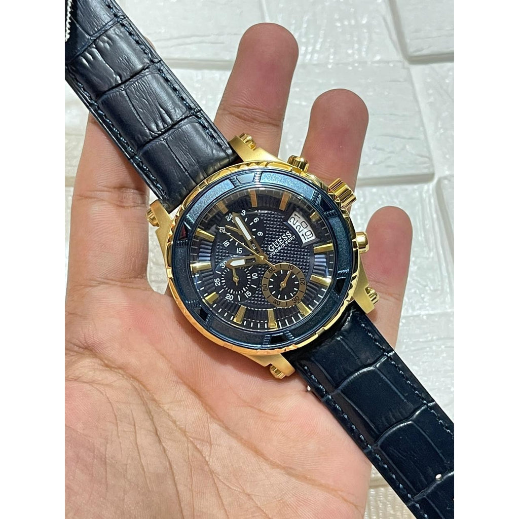 Guess Pinnacle Chronograph Quartz Blue Dial Blue Leather Strap Watch For Men - W0673G2