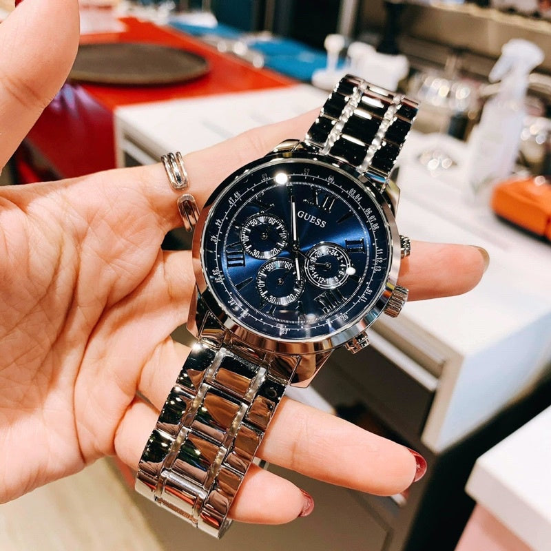 Guess Horizon Chronograph Quartz Blue Dial Silver Steel Strap Watch for Men - W0379G3