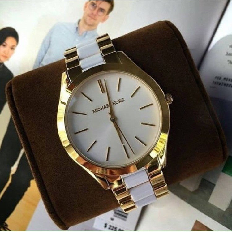 Michael Kors Slim Runway Quartz White Dial Two Tone Steel Strap Watch For Women - MK4295