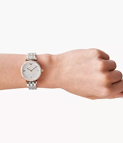 Emporio Armani Gianni T-Bar Silver Dial Two Tone Steel Strap Watch For Women - AR11293