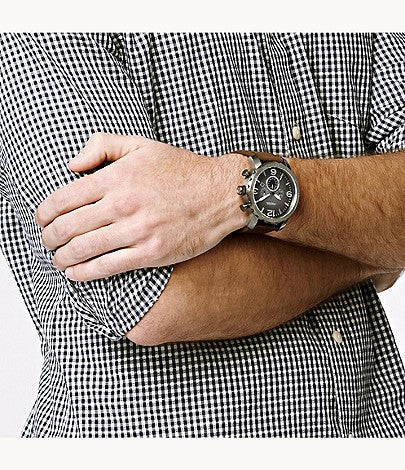 Fossil Nate Chronograph Grey Dial Brown Leather Strap Watch for Men - JR1424