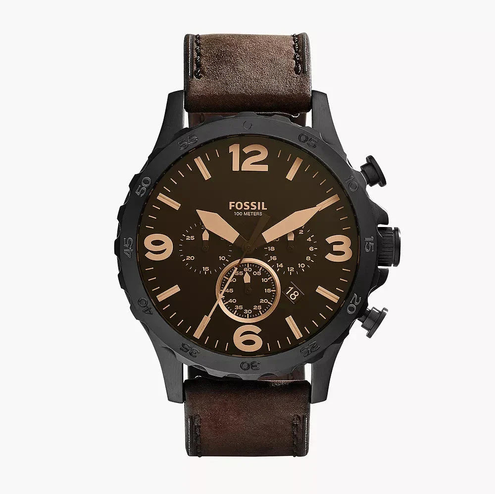 Fossil Nate Chronograph Brown Dial Brown Leather Strap Watch for Men - JR1487