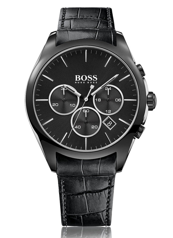 Hugo Boss Onyx Black Dial Black Leather Strap Watch for Men - 1513367