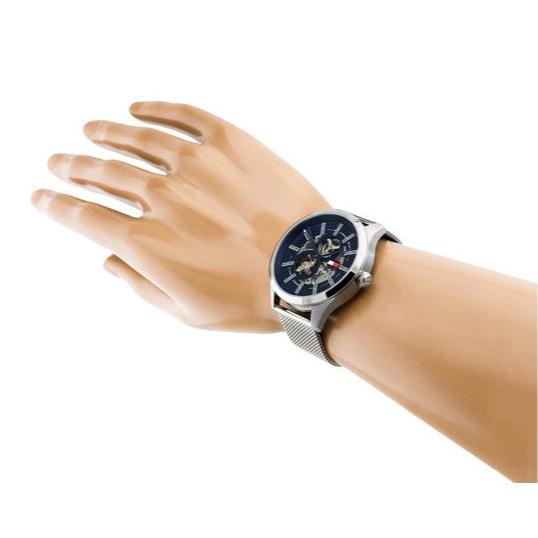 Tommy Hilfiger Spencer Skeleton Black Dial Silver Mesh Bracelet Watch for Men - 1791643