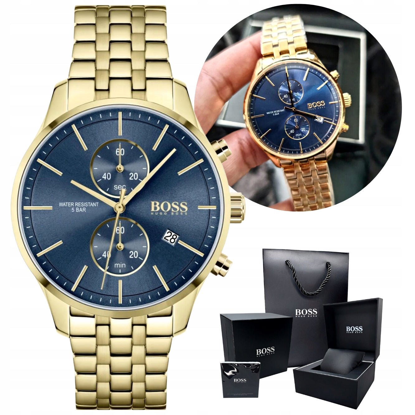 Hugo Boss Associate Blue Dial Gold Steel Strap Watch for Men - 1513841