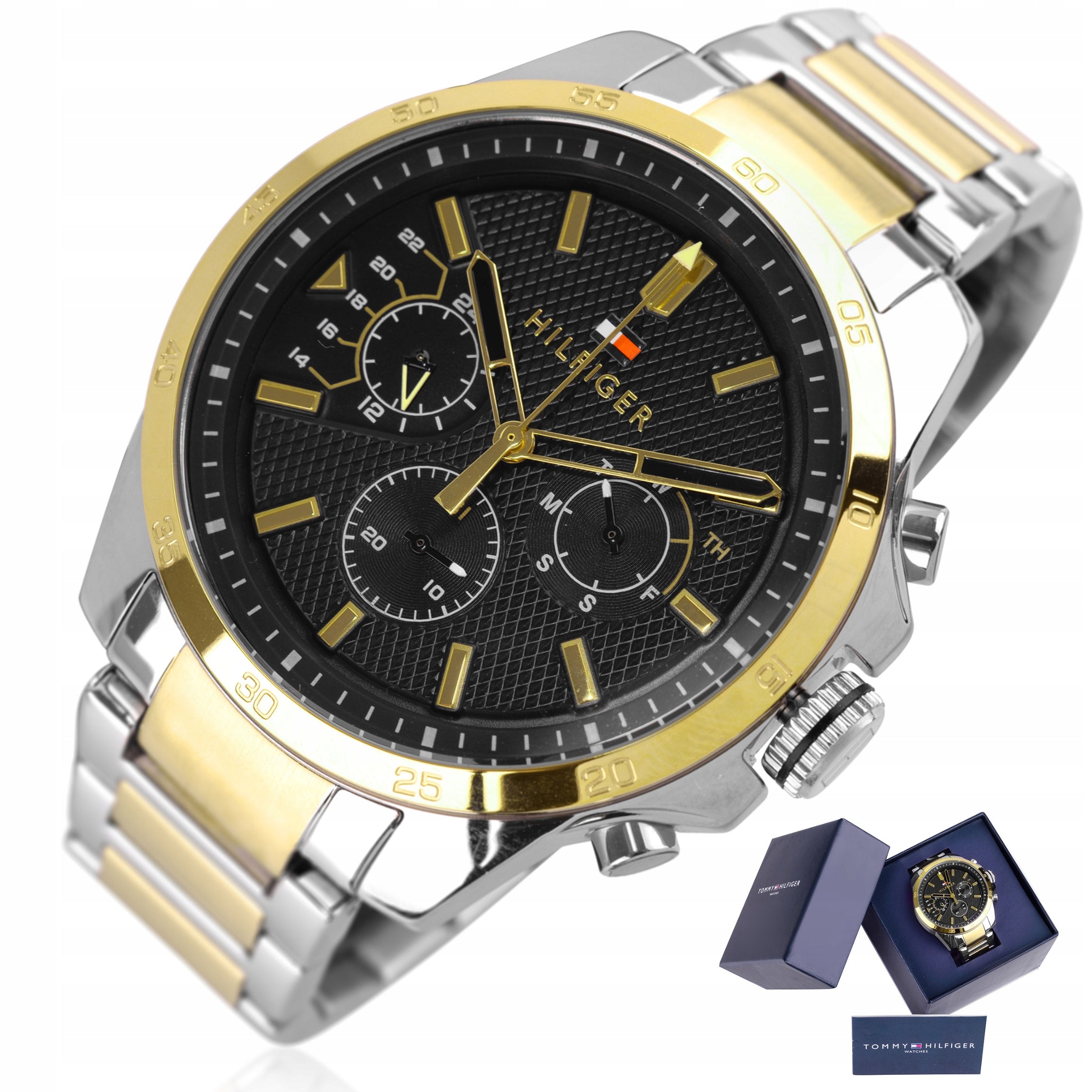 Tommy Hilfiger Decker Chronograph Black Dial Two Tone Steel Strap Watch for Men - 1791559