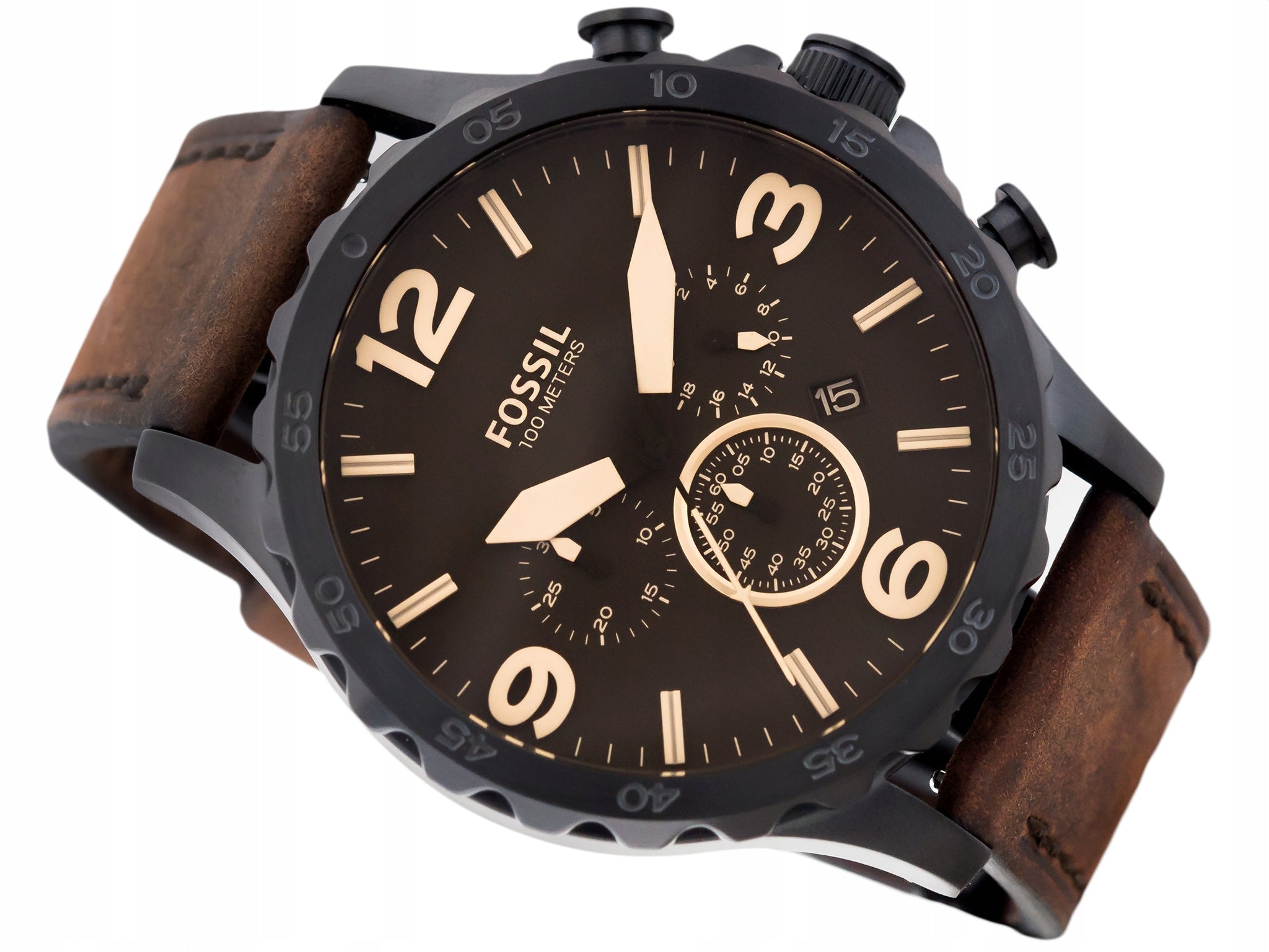 Fossil Nate Chronograph Brown Dial Brown Leather Strap Watch for Men - JR1487