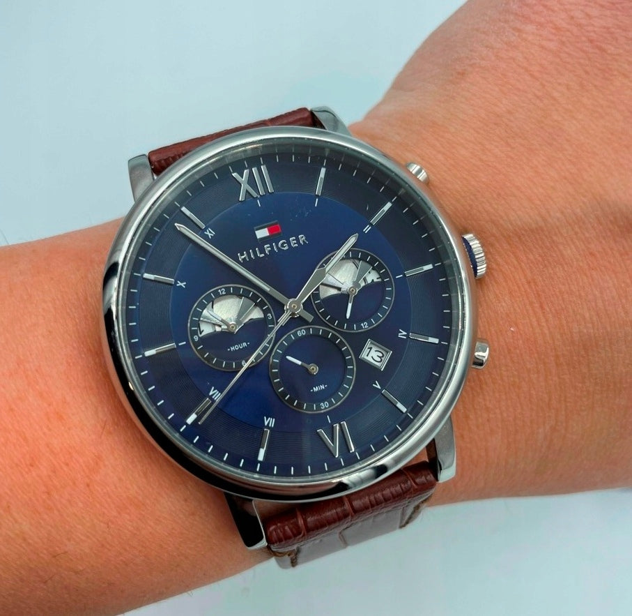 Tommy Hilfiger Evan Chronograph Blue Dial Brown Leather Strap Watch for Men - 1710393