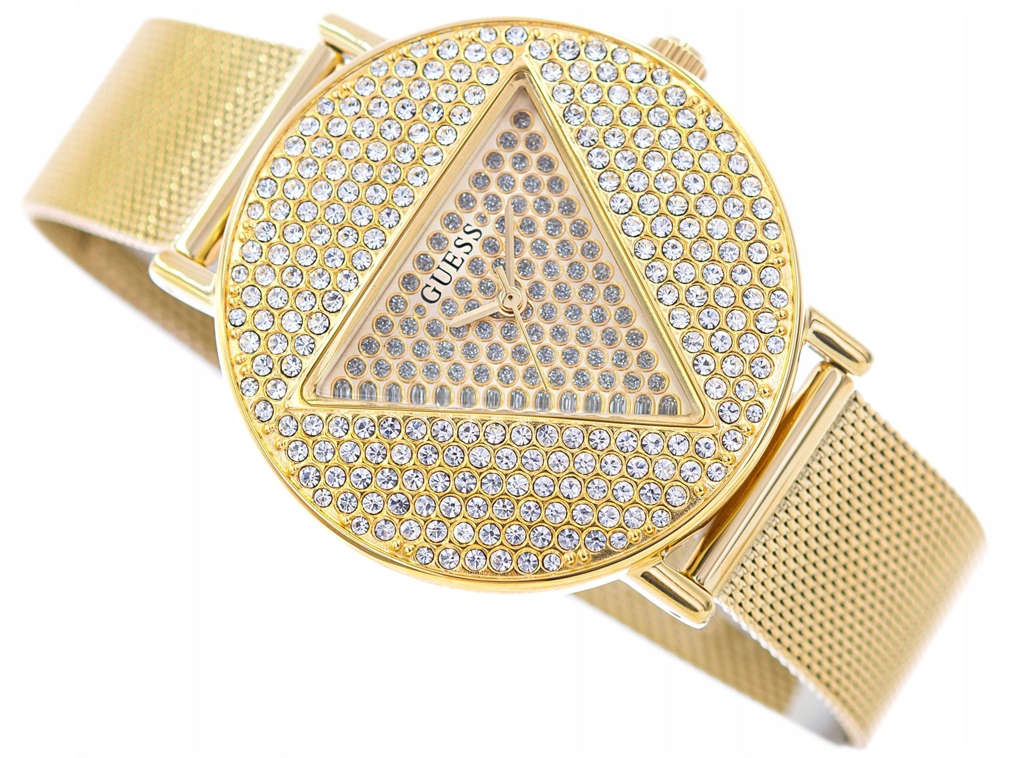 Guess Iconic Diamonds Gold Dial Gold Mesh Bracelet Watch For Women - GW0477L2