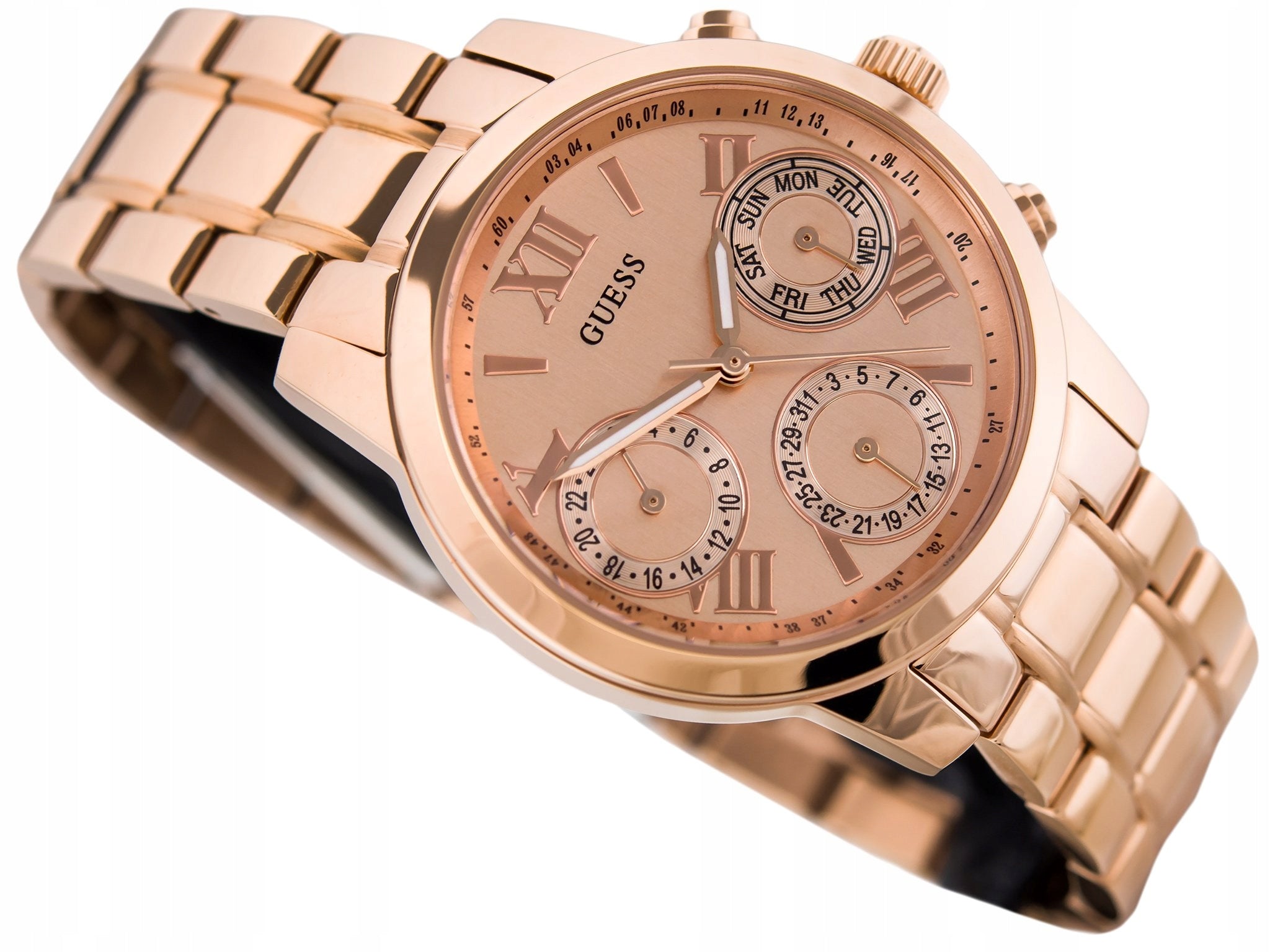 Guess Mini Sunrise Chronograph Quartz Rose Gold Dial Rose Gold Steel Strap Watch For Women - W0448L3
