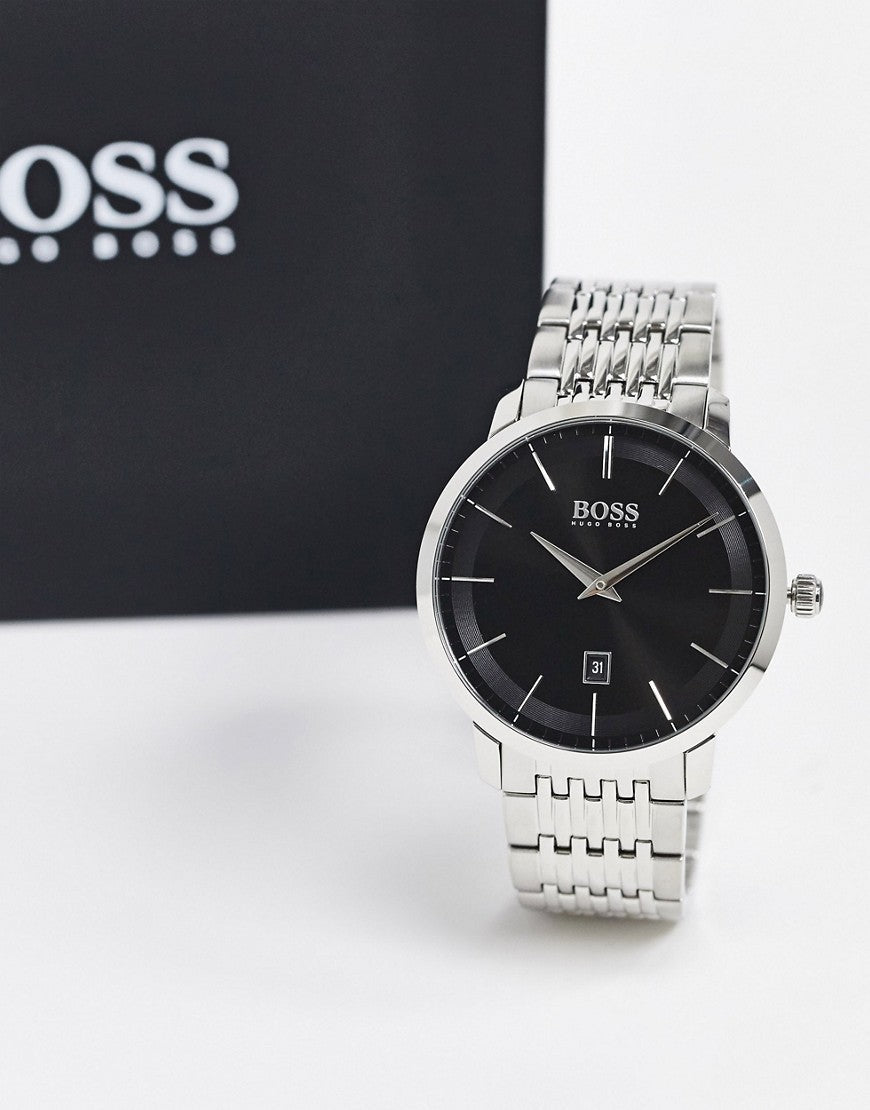 Hugo Boss Officer Black Dial Silver Steel Strap Watch for Men - 1513614