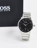 Hugo Boss Officer Black Dial Silver Steel Strap Watch for Men - 1513614