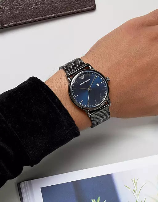 Emporio Armani Luigi Quartz Blue Dial Grey Mesh Bracelet Watch For Men - AR11053