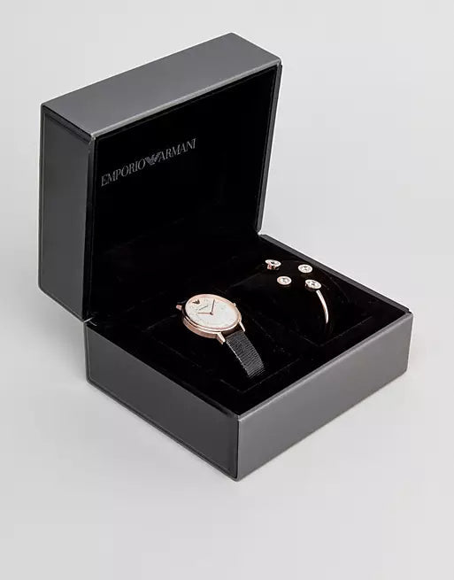 Emporio Armani Kappa Mother of Pearl Dial Black Leather Strap Watch For Women - AR80011