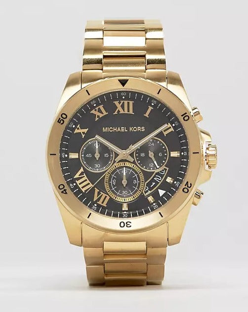 Michael Kors Brecken Chronograph Quartz Black Dial Gold Steel Strap Watch For Men - MK8481