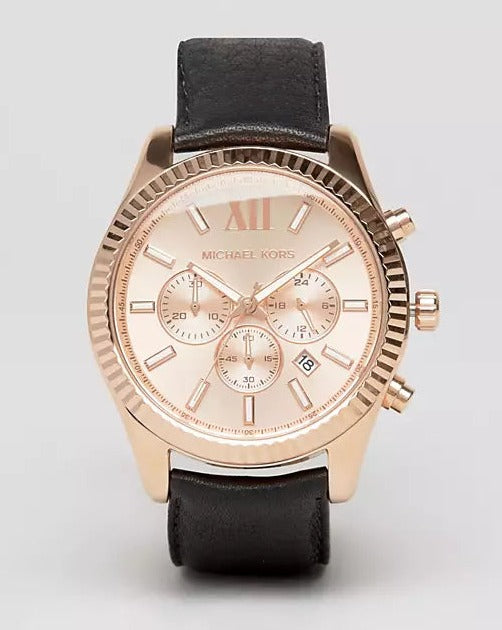 Michael Kors Lexington Chronograph Rose Gold Dial Black Leather Strap Watch For Men - MK8516