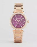 Michael Kors Mini Parker Multi-Function Plum Mother of Pearl Dial Rose Gold Steel Strap Watch For Women - MK6403