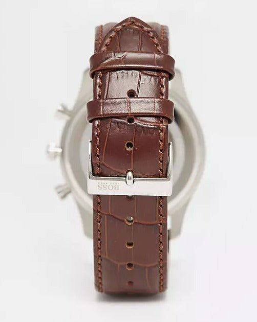 Hugo Boss Ambassador Chronograph Silver Dial Brown Leather Strap Watch For Men - HB1513195