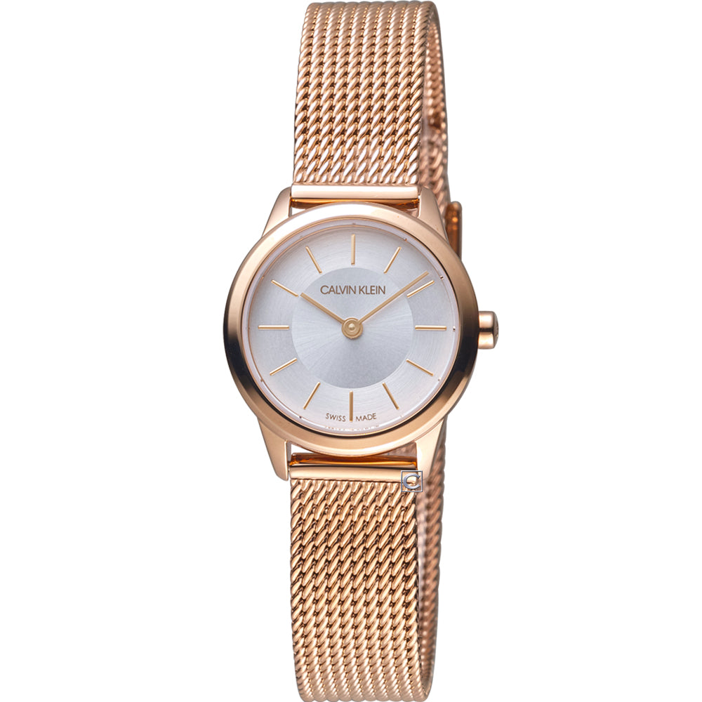 Calvin Klein Minimal White Dial Rose Gold Mesh Bracelet Watch for Women - K3M23626