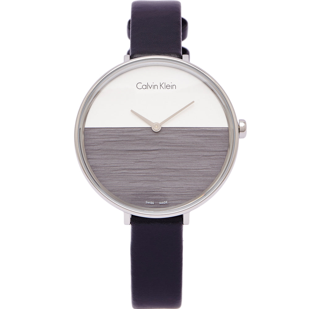 Calvin Klein Rise White Grey Dial Black Leather Strap Watch for Women - K7A231C3