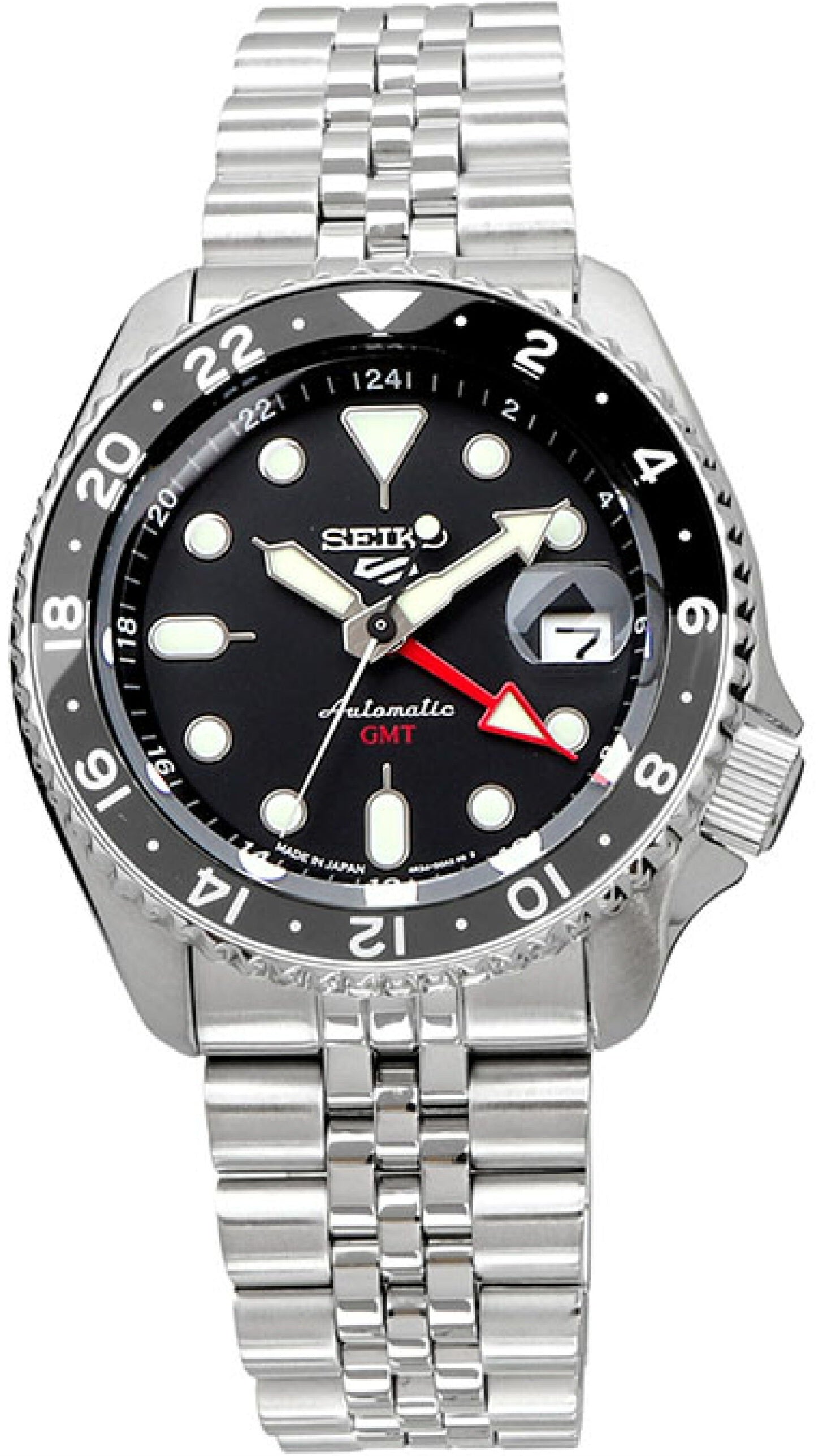 Seiko 5 Sports Automatic GMT Black Dial Silver Steel Strap Watch For Men - SSK001K1