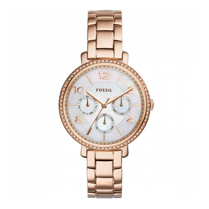 Fossil Jacqueline Multi Function Mother of Pearl Dial Rose Gold Steel Strap Watch for Women - ES3757