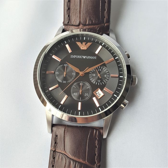 Emporio Armani Renato Chronograph Grey Dial Brown Leather Strap Watch For Men - AR2513