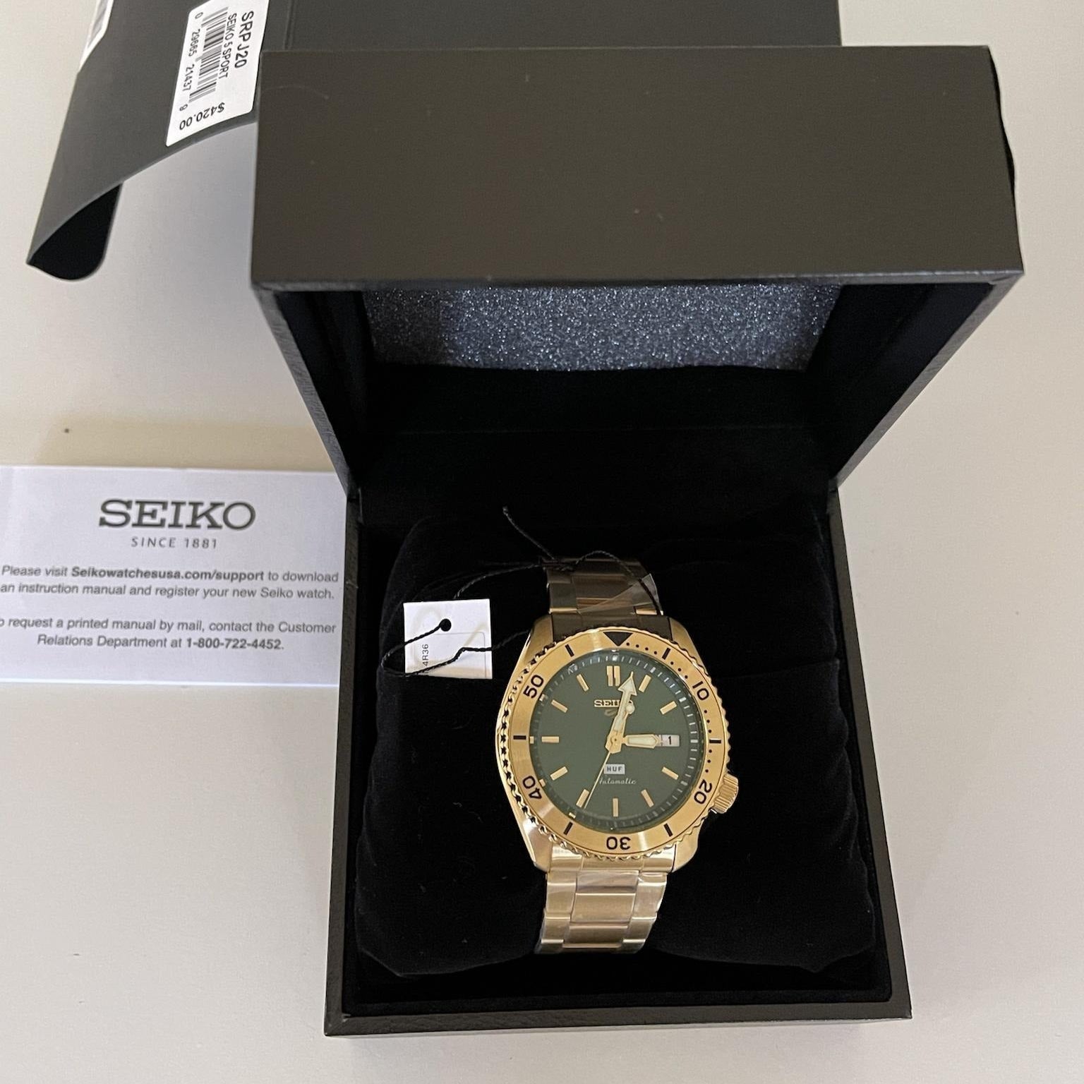 Seiko 5 Sports HUF Limited Edition Green Dial Gold Steel Strap Watch For Men - SRPJ20