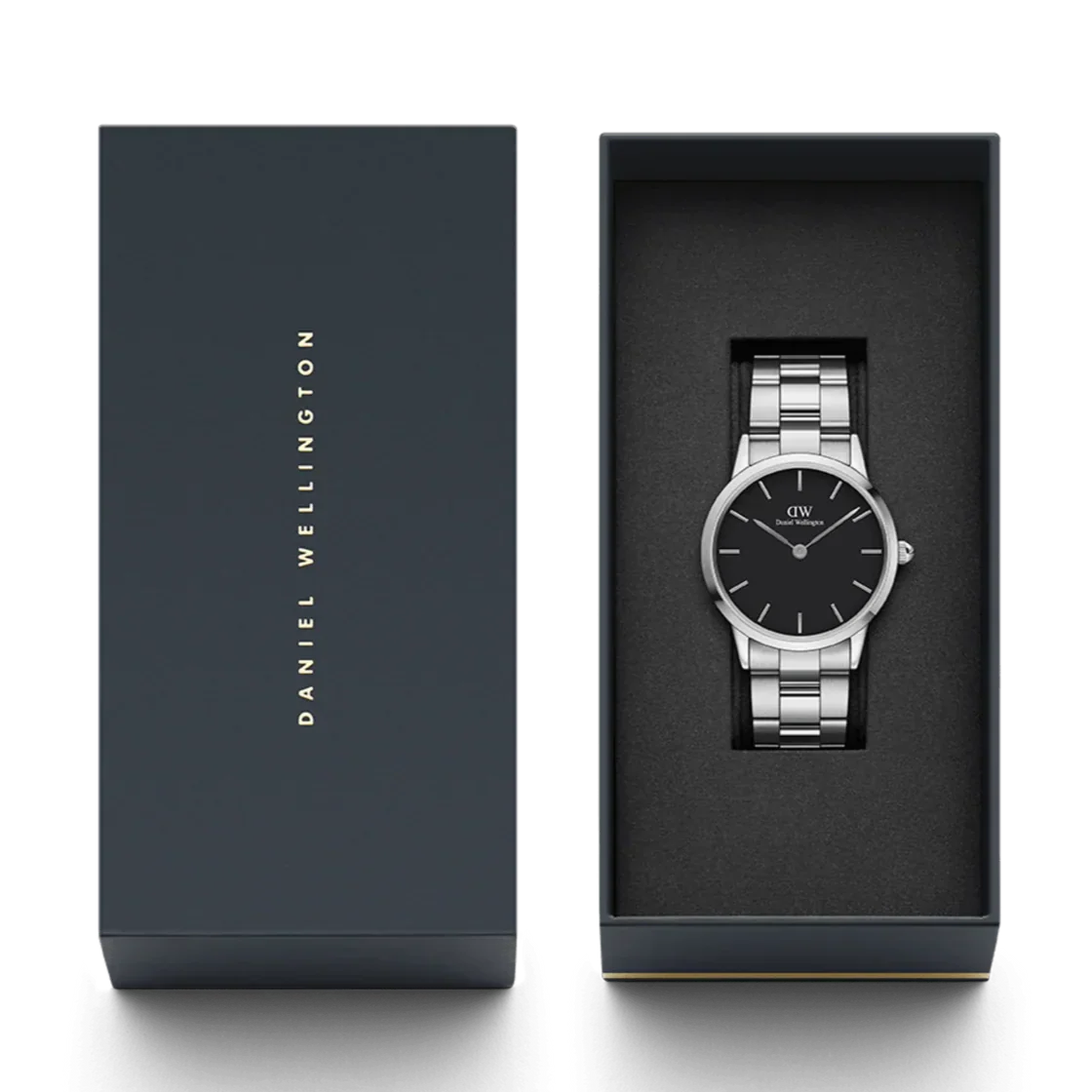 Daniel Wellington Iconic Link Black Dial Silver Steel Strap Watch For Women - DW00100342