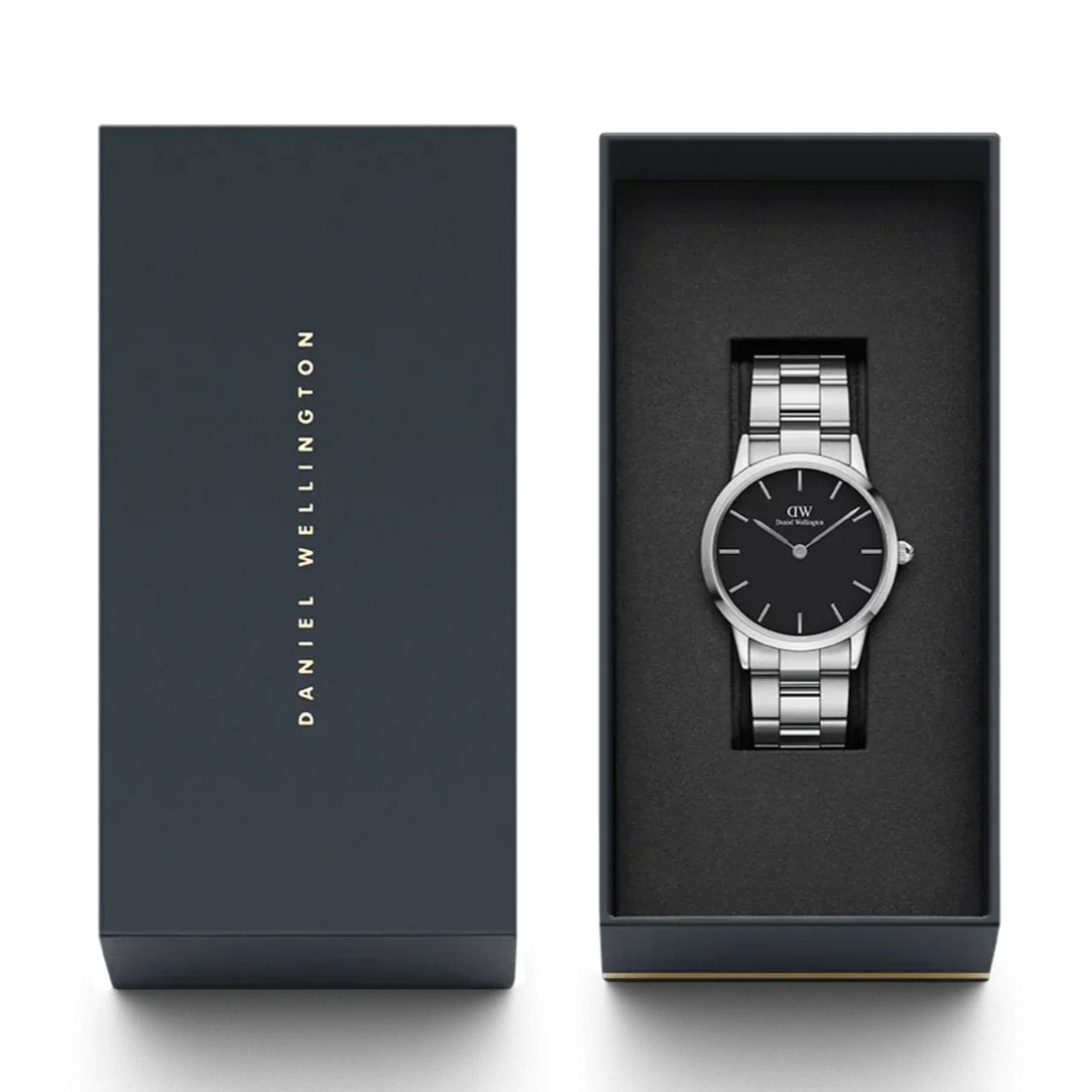 Daniel Wellington Iconic Link Black Dial Silver Steel Strap Watch For Women - DW00100342