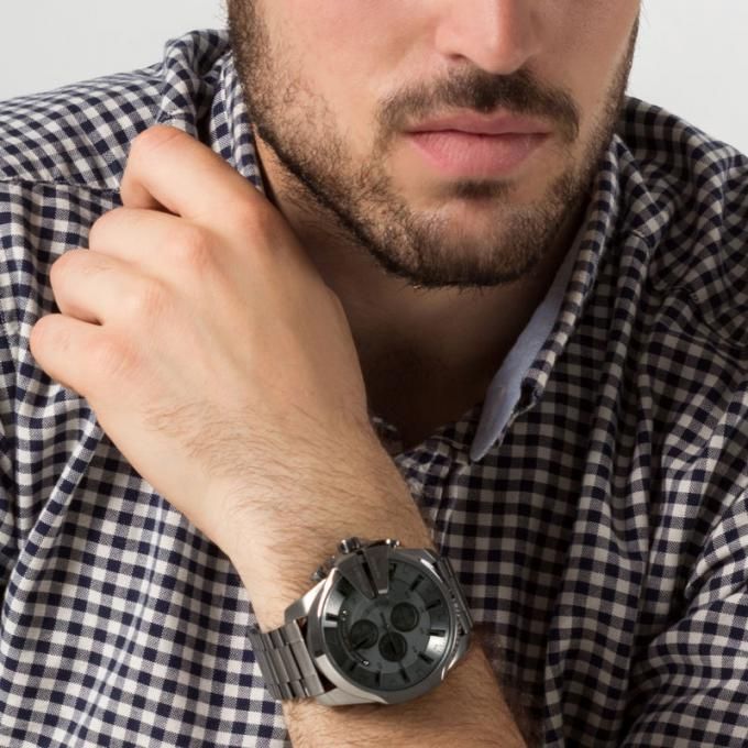Diesel Mega Chief Chronograph Grey Dial Grey Steel Strap Watch for Men - DZ4282
