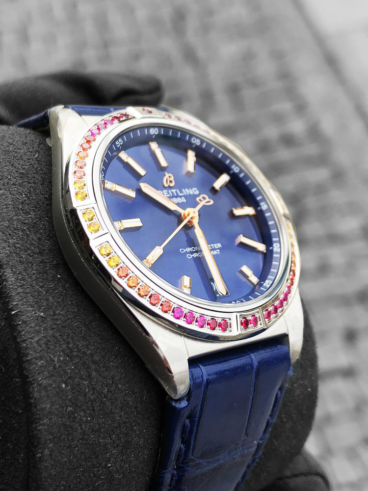 Breitling Chronomat Automatic 36 South Sea Blue Dial Blue Leather Strap Watch for Women - A10380611C1P1