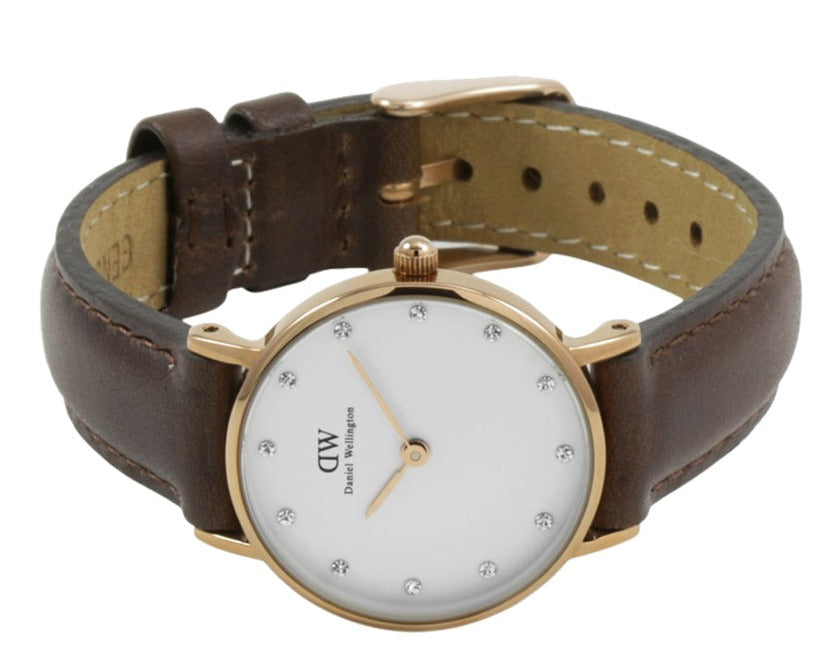 Daniel Wellington Classy Bristol White Dial Brown Leather Strap Watch For Women - DW00100062